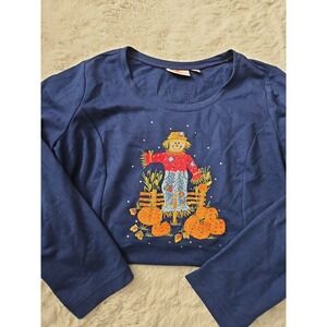 Quacker Factory Scarecrow Pumpkin Tunic M Navy Embroidered Autumn Grandmacore